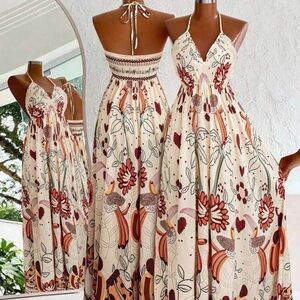 Elegant Floral Maxi Dress - Cream and Red